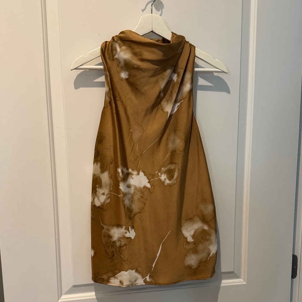 Brown Floral Satin Sleeveless Blouse